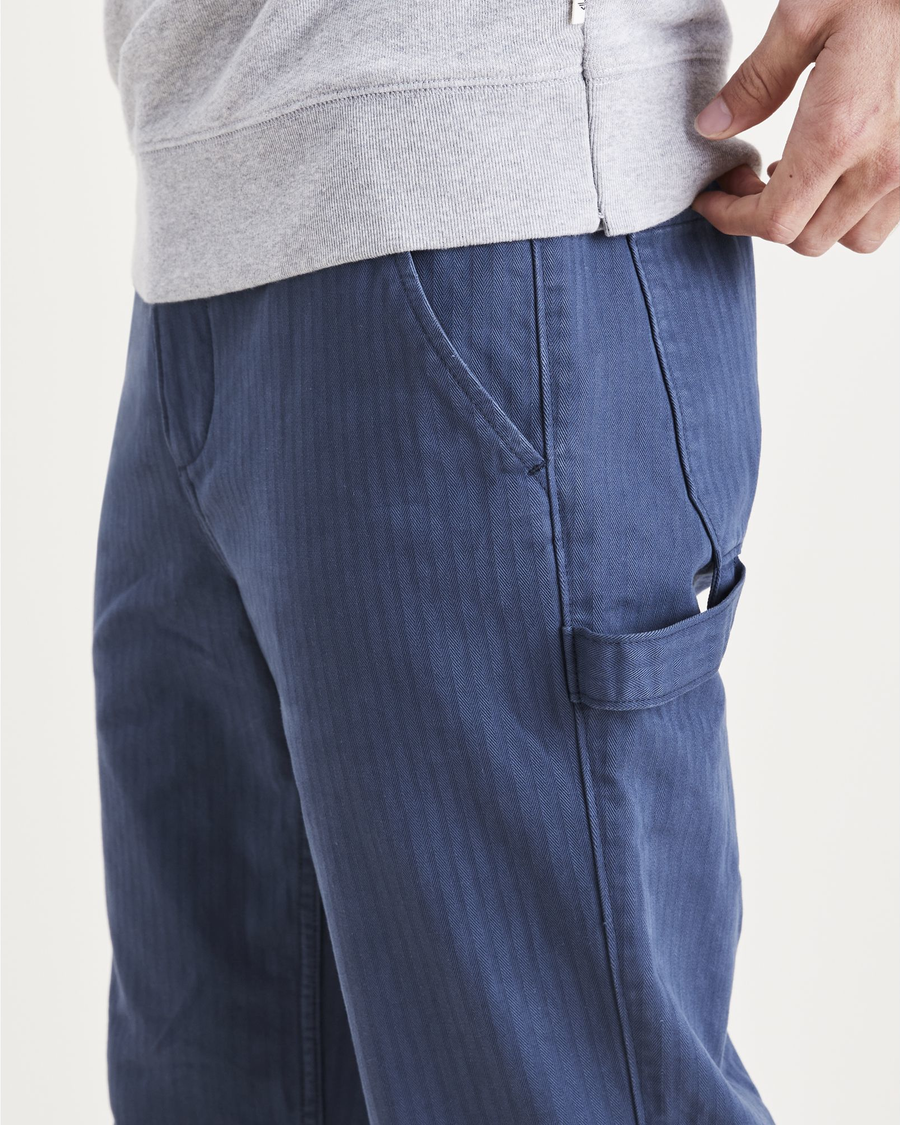 View of model wearing Dark Blue California Carpenter Pants, Straight Fit.