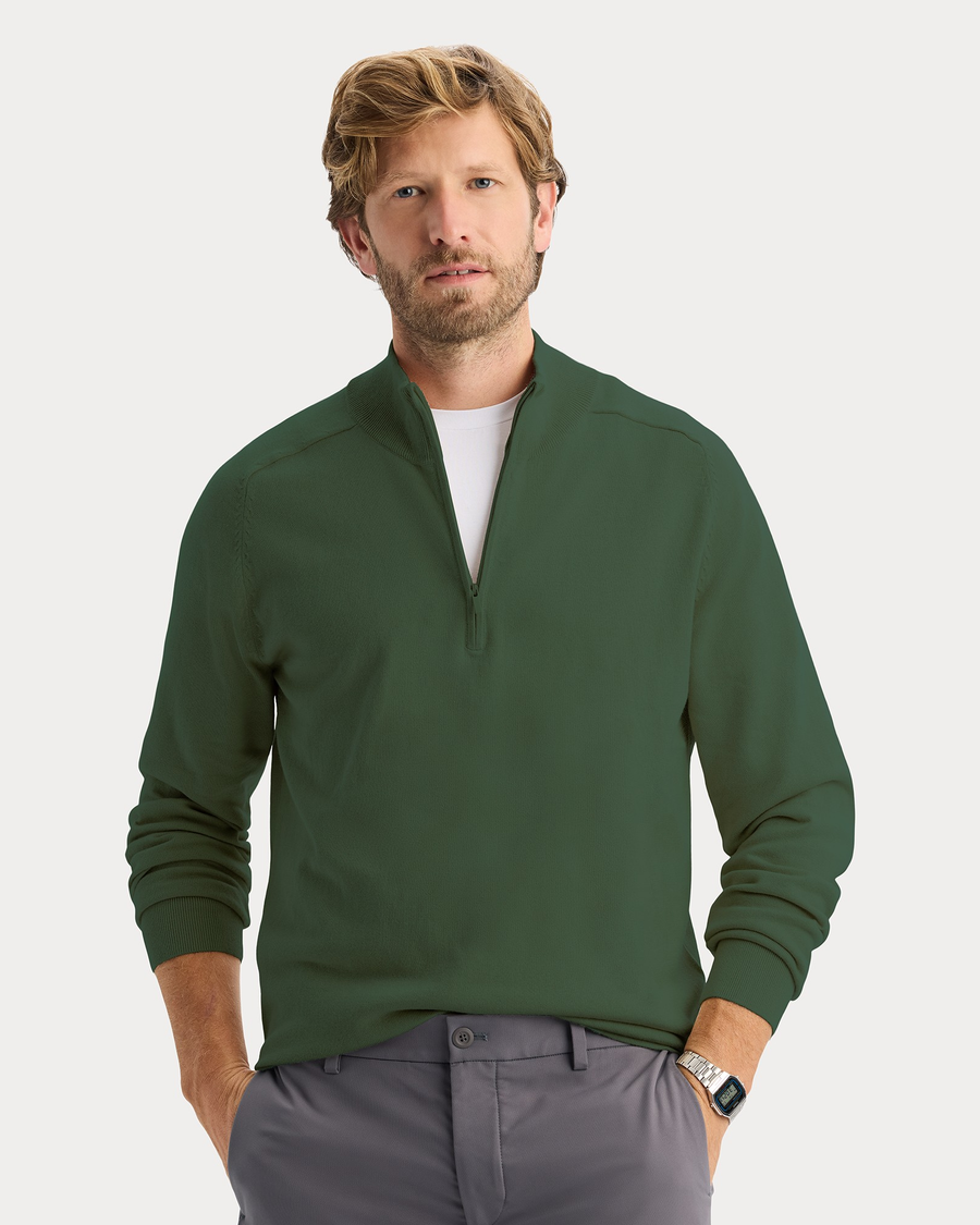 View of model wearing Dark Forest Go Half-Zip Sweater, Regular Fit.