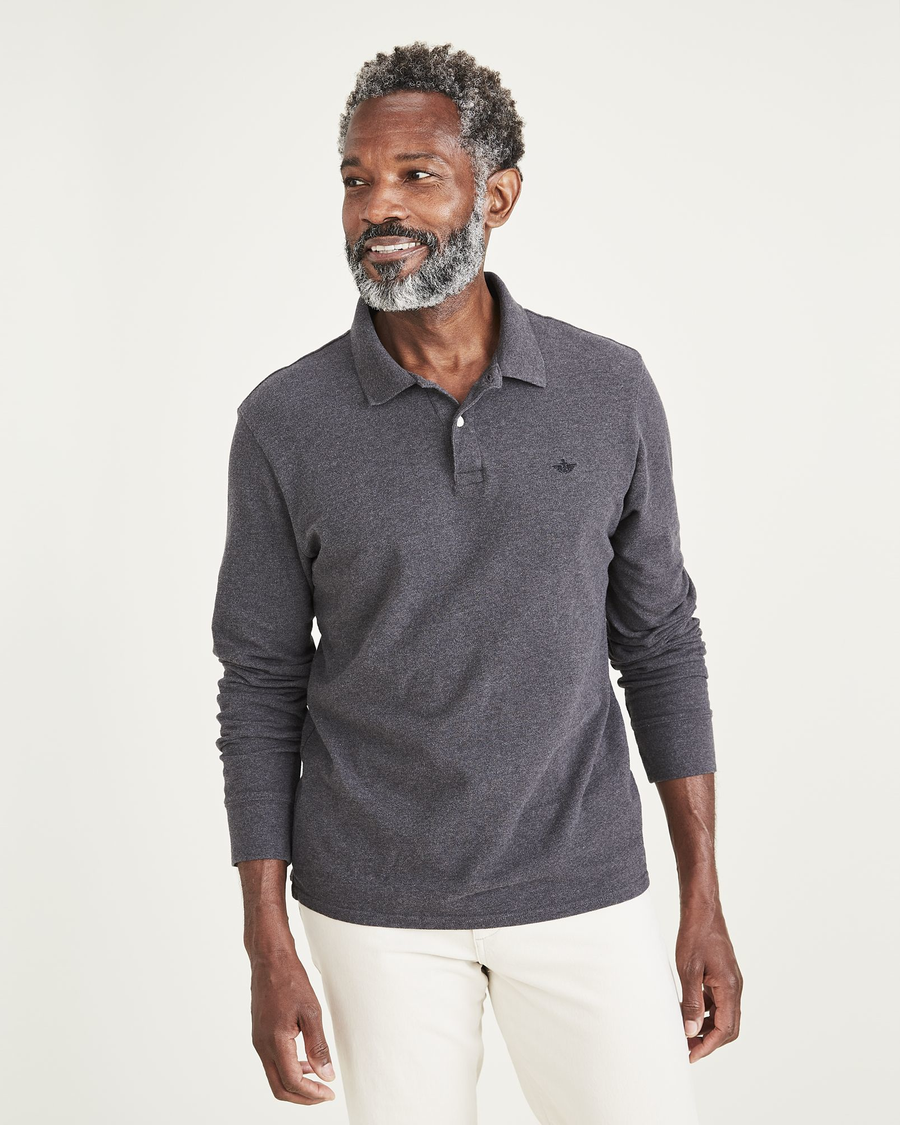 Front view of model wearing Dark Grey Heather Polo, Slim Fit.
