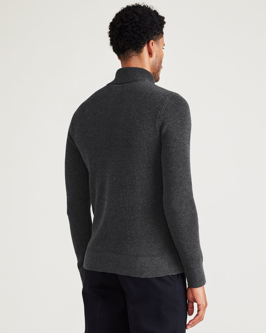Back view of model wearing Dark Grey Heather Turtleneck Sweater, Regular Fit.