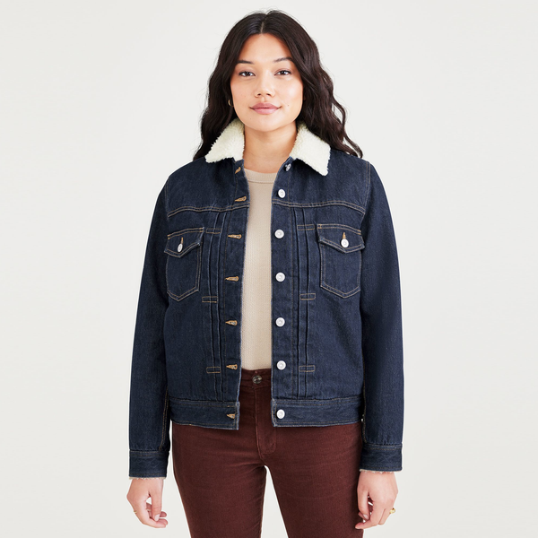 Patched sherpa trucker jacket hot sale