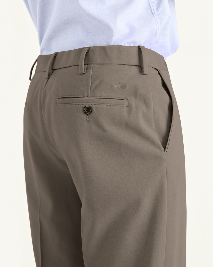 View of model wearing Dark Pebble Easy Khakis, Classic Fit.