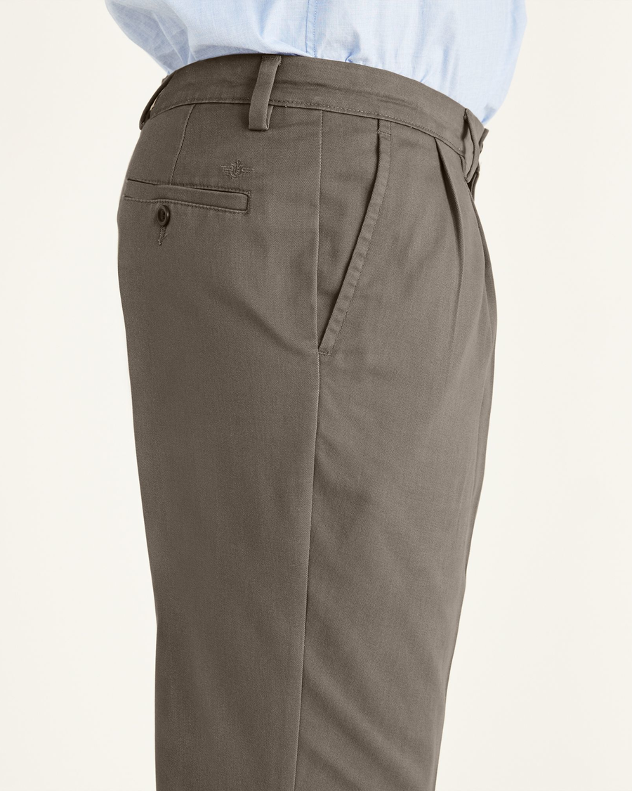View of model wearing Dark Pebble Easy Khakis, Pleated, Classic Fit (Big and Tall).