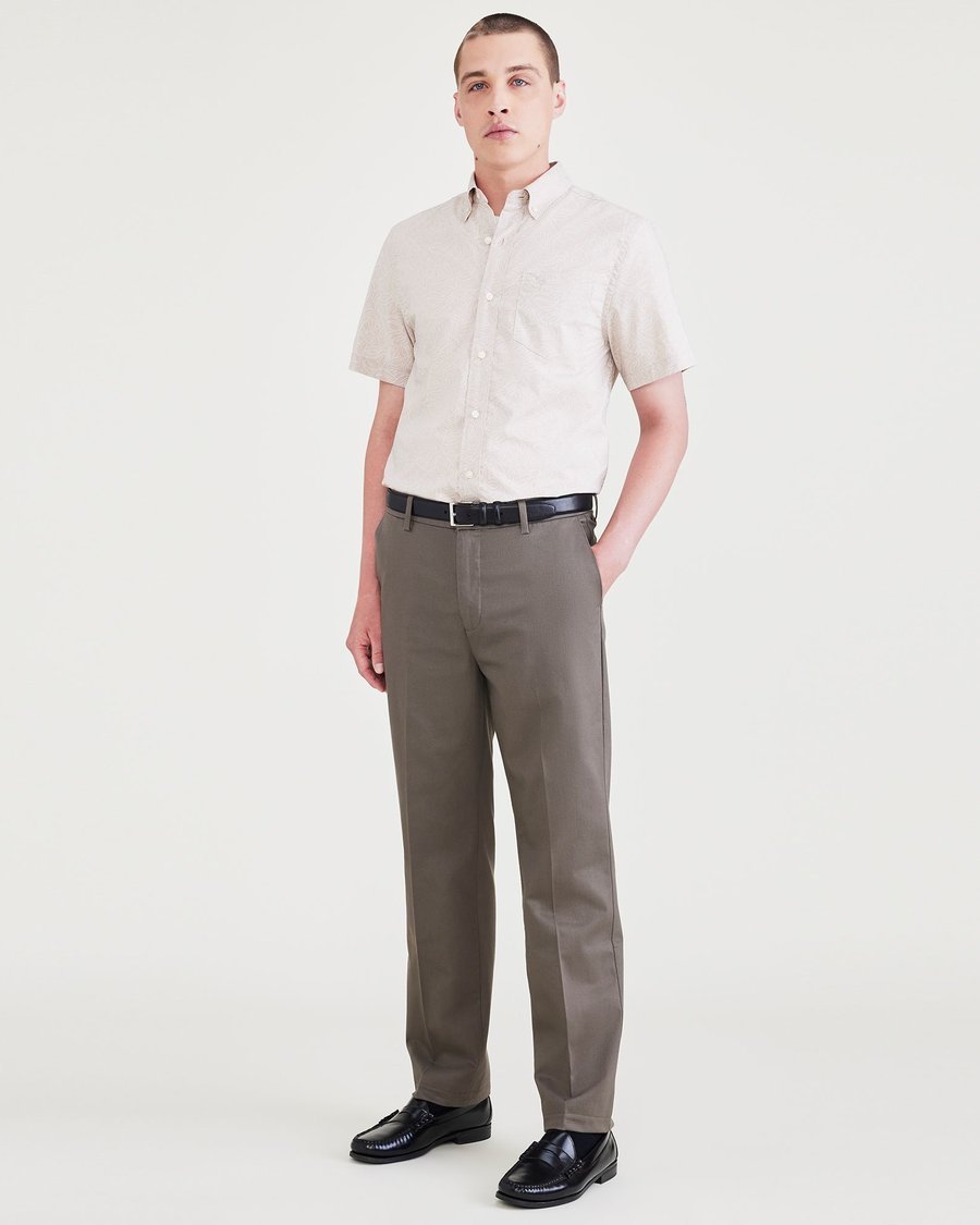 Front view of model wearing Dark Pebble Signature Iron Free Khakis, Straight Fit with Stain Defender®.