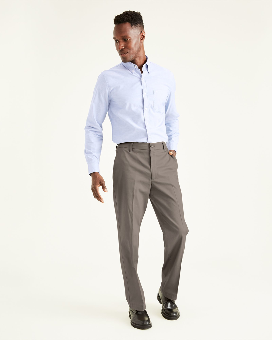 Front view of model wearing Dark Pebble Signature Khakis, Classic Fit.