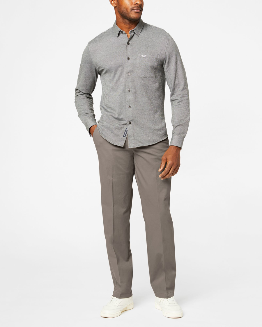 Front view of model wearing Dark Pebble Workday Khakis, Classic Fit.