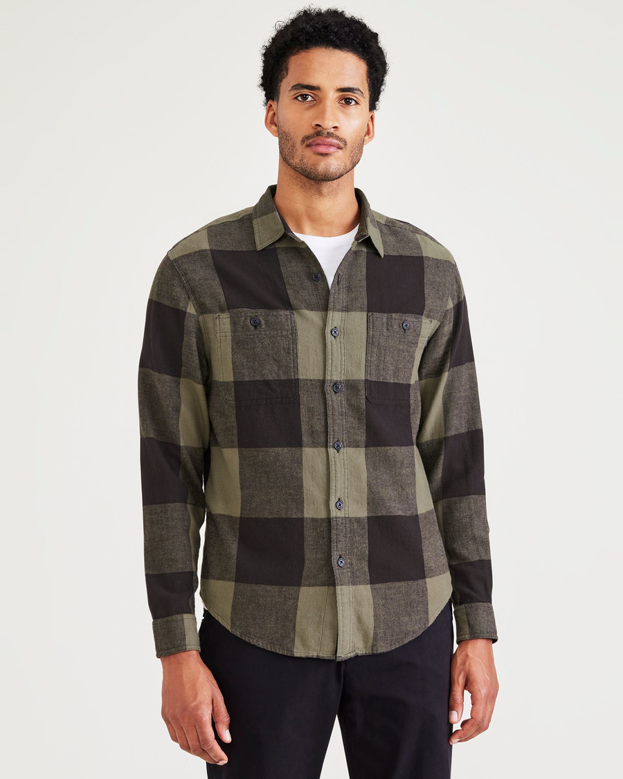 Front view of model wearing Davis Flannel Black Bean 2 Pocket Workshirt, Regular Fit.