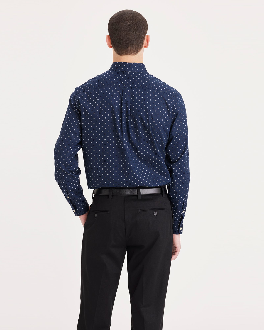 Back view of model wearing Dawn Navy Blazer Signature Stain Defender Shirt, Classic Fit.