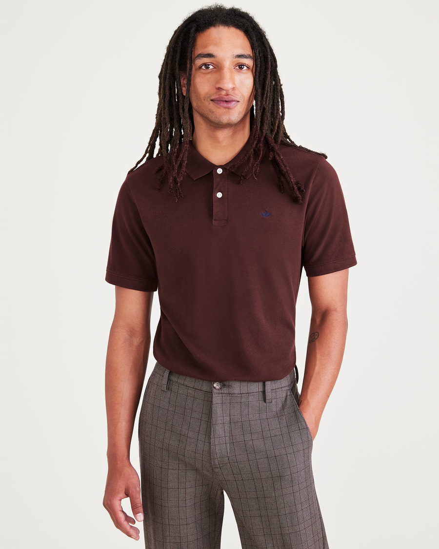 Front view of model wearing Decadent Chocolate Rib Collar Polo, Slim Fit.
