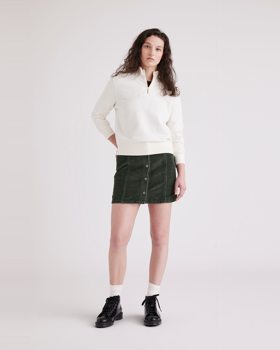 Front view of model wearing Deep Forest Button Front Mini Skirt.