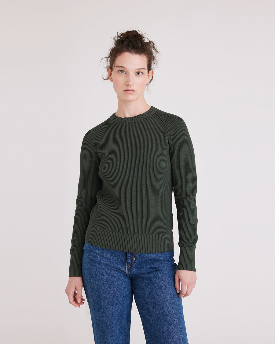 Front view of model wearing Deep Forest Crewneck Sweater, Regular Fit.