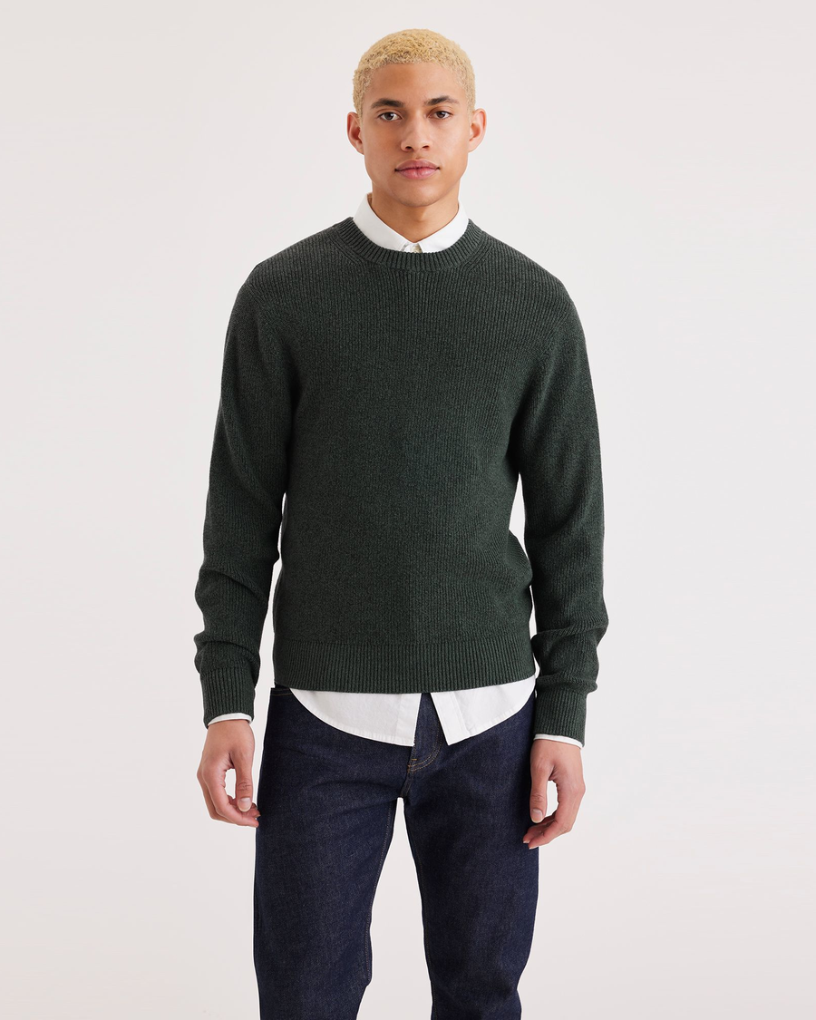 Front view of model wearing Deep Forest Crewneck Sweater, Regular Fit.