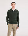 Front view of model wearing Deep Forest Polo Sweater, Regular Fit.