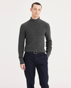 Front view of model wearing Deep Forest Turtleneck Sweater, Regular Fit.