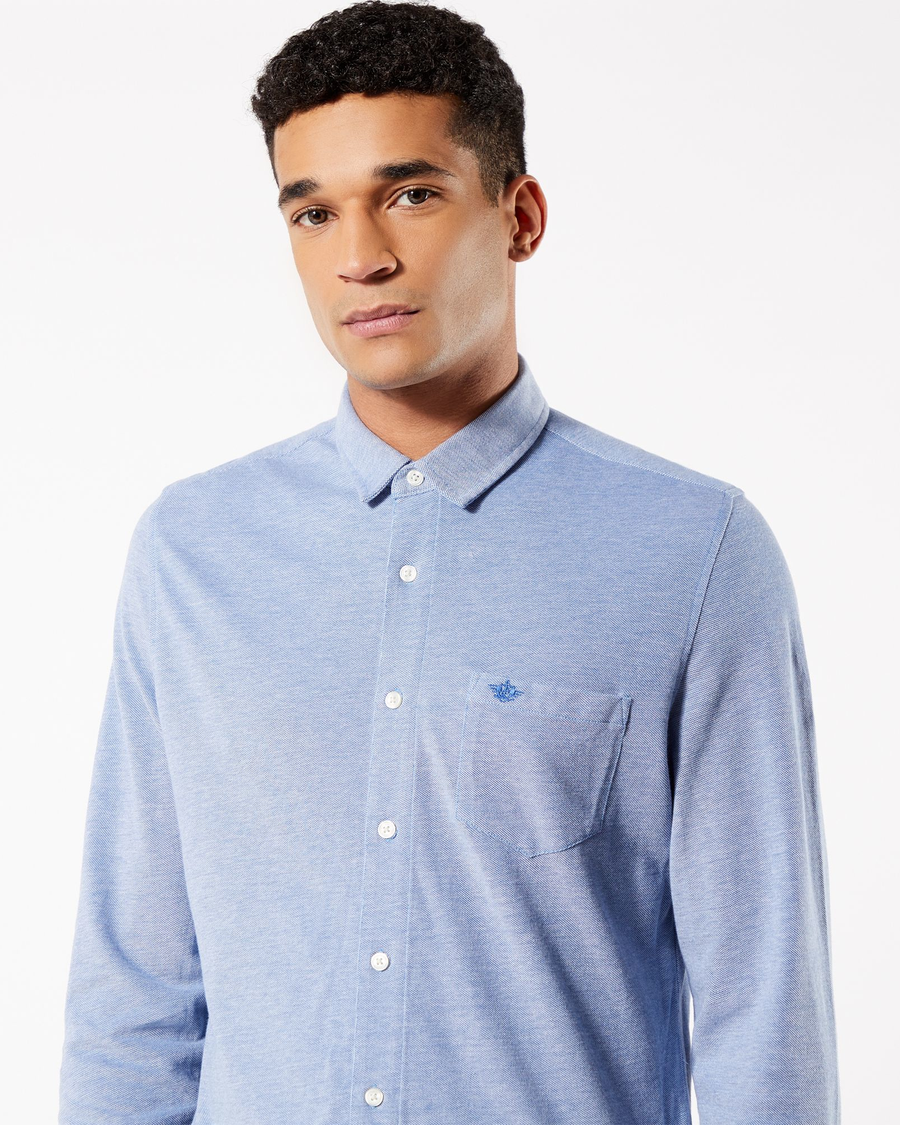 View of model wearing Delft Alpha Button-Up Shirt, Slim Fit.