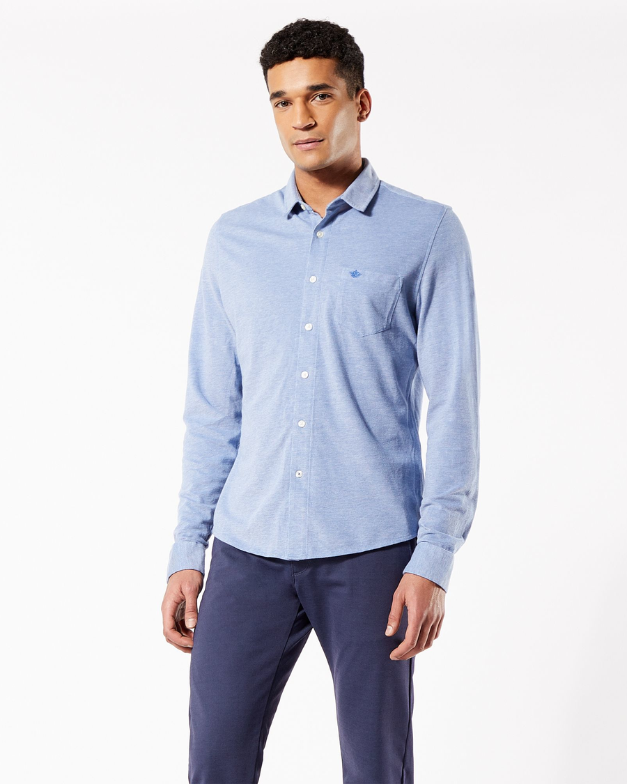 Front view of model wearing Delft Alpha Button-Up Shirt, Slim Fit.