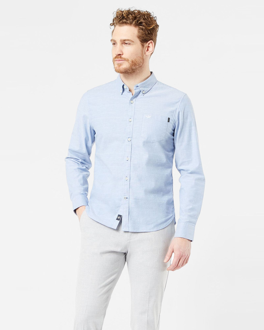 Front view of model wearing Delft Stretch Oxford Shirt, Slim Fit.