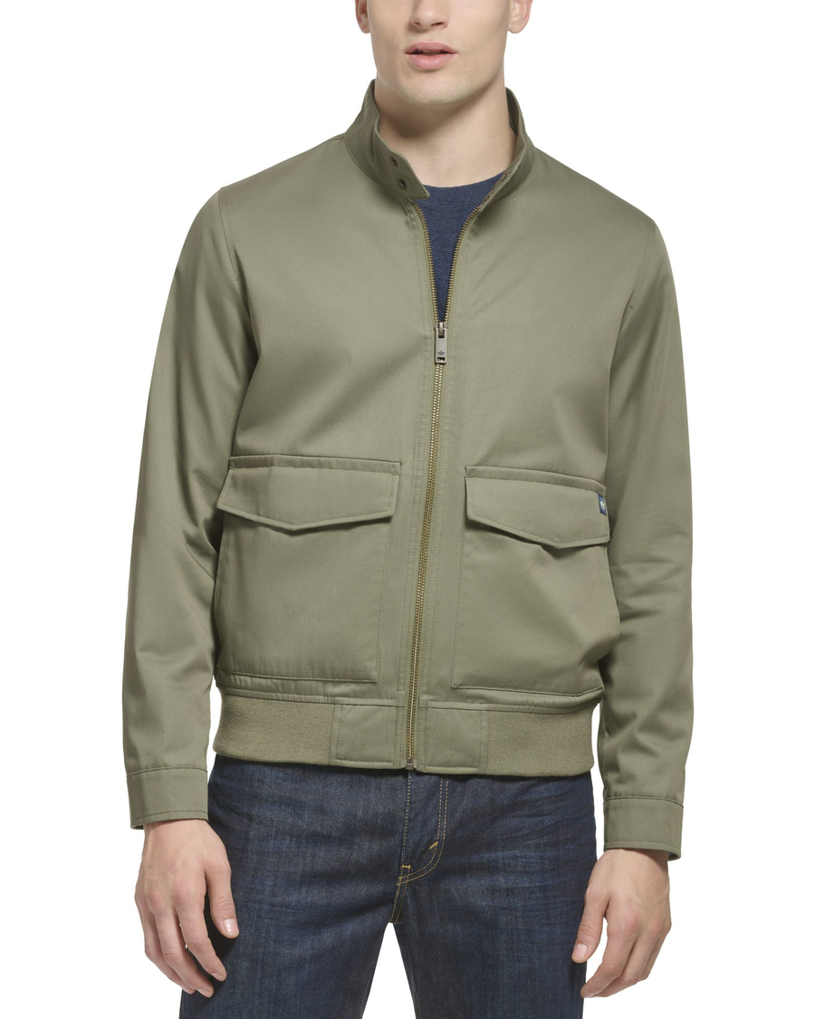 View of model wearing Dusty Olive Poly Cotton Twill Barracuda Bomber w/ Harrington Pockets.