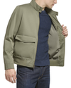 View of model wearing Dusty Olive Poly Cotton Twill Barracuda Bomber w/ Harrington Pockets.