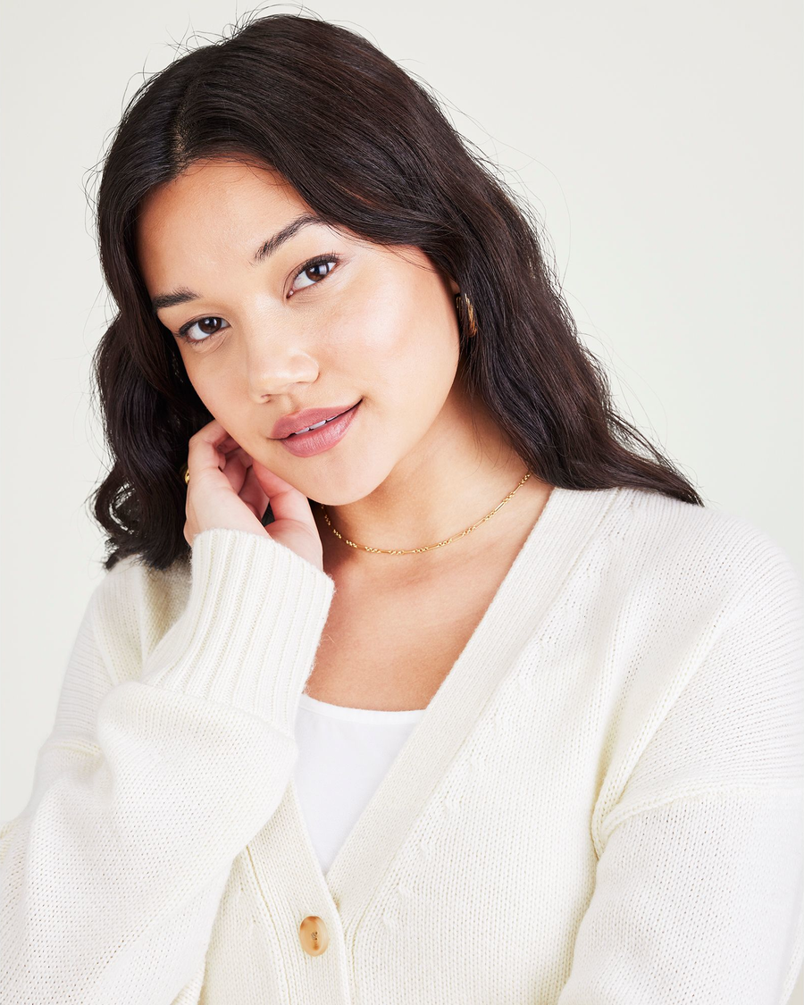 View of model wearing Egret Cropped Cardigan, Relaxed Fit.