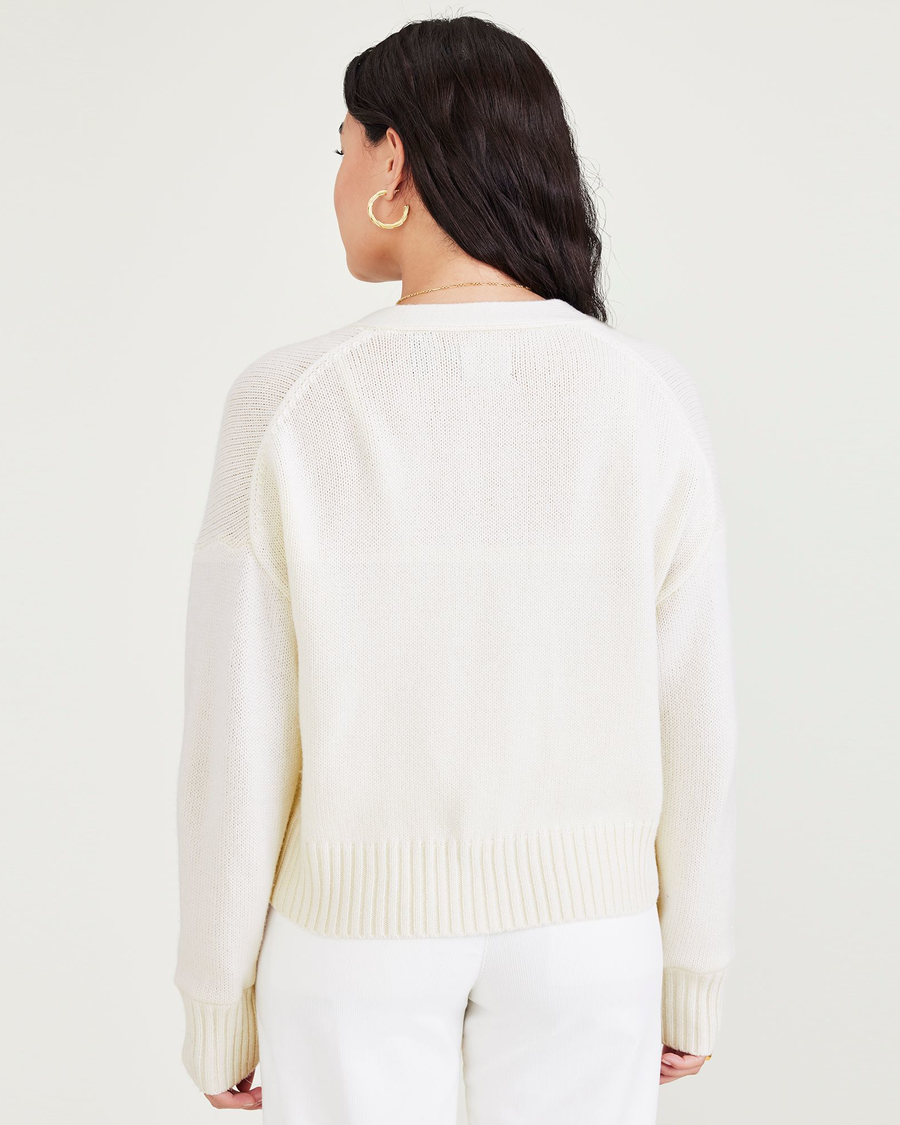 Back view of model wearing Egret Cropped Cardigan, Relaxed Fit.