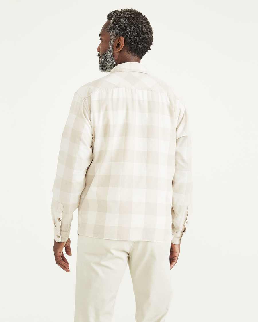 Back view of model wearing Egret Half Zip Popover Shirt, Relaxed Fit.