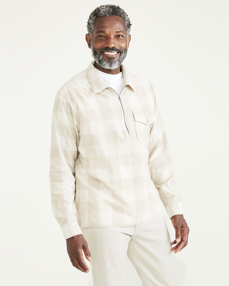 Front view of model wearing Egret Half Zip Popover Shirt, Relaxed Fit.