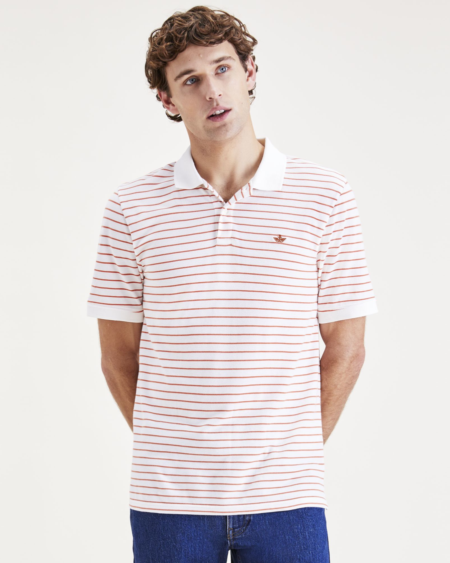 Front view of model wearing Egret Rib Collar Polo, Slim Fit.