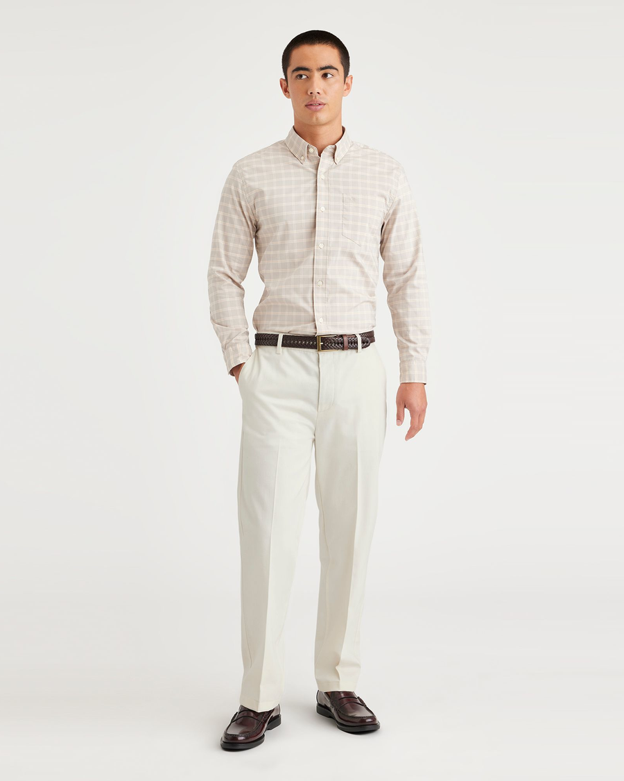 Front view of model wearing Egret Signature Iron Free Khakis, Straight Fit with Stain Defender®.