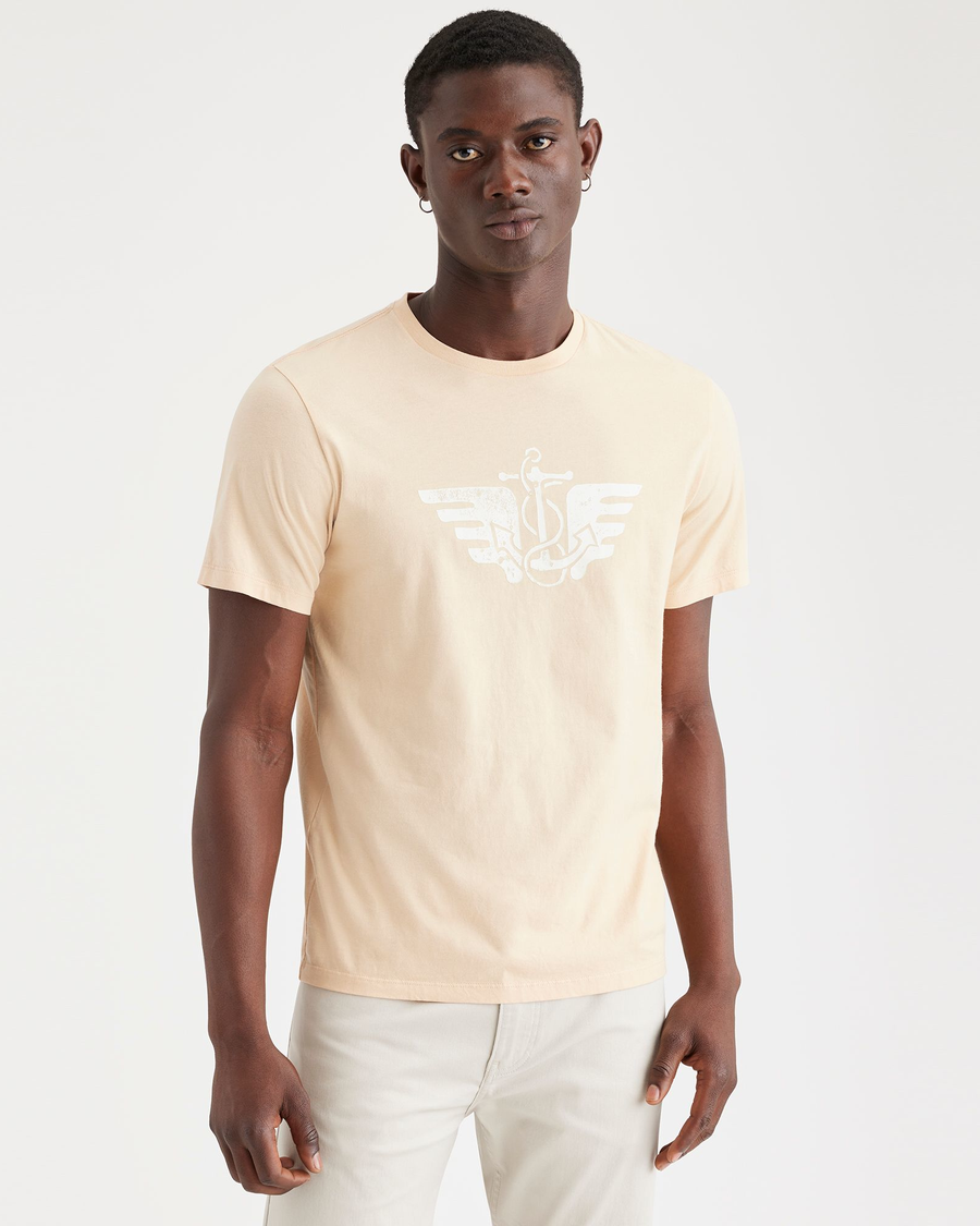 Front view of model wearing Egret Wings & Anchor Block Print Graphic Tee, Slim Fit.
