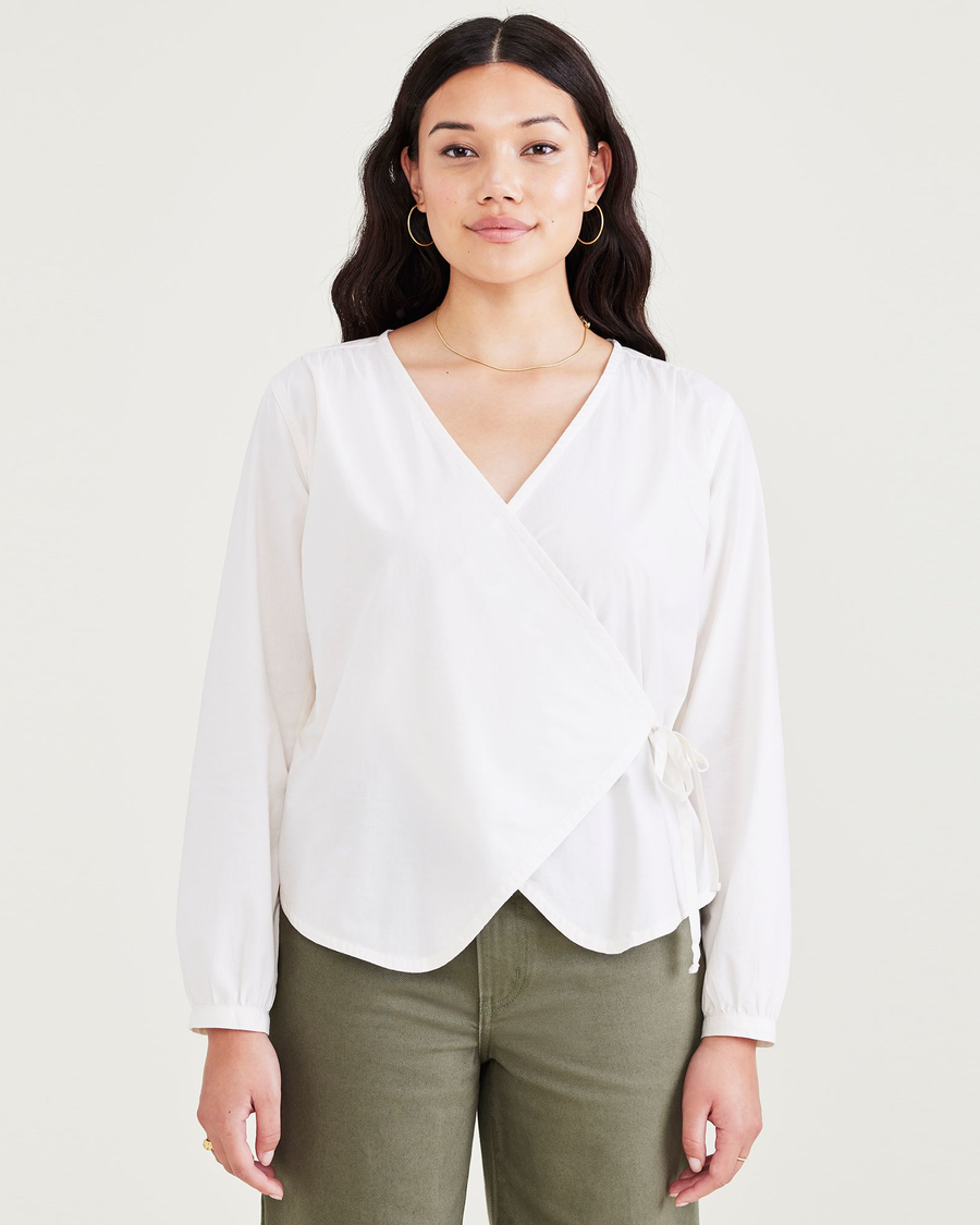 Front view of model wearing Egret Wrap Blouse, Regular Fit.
