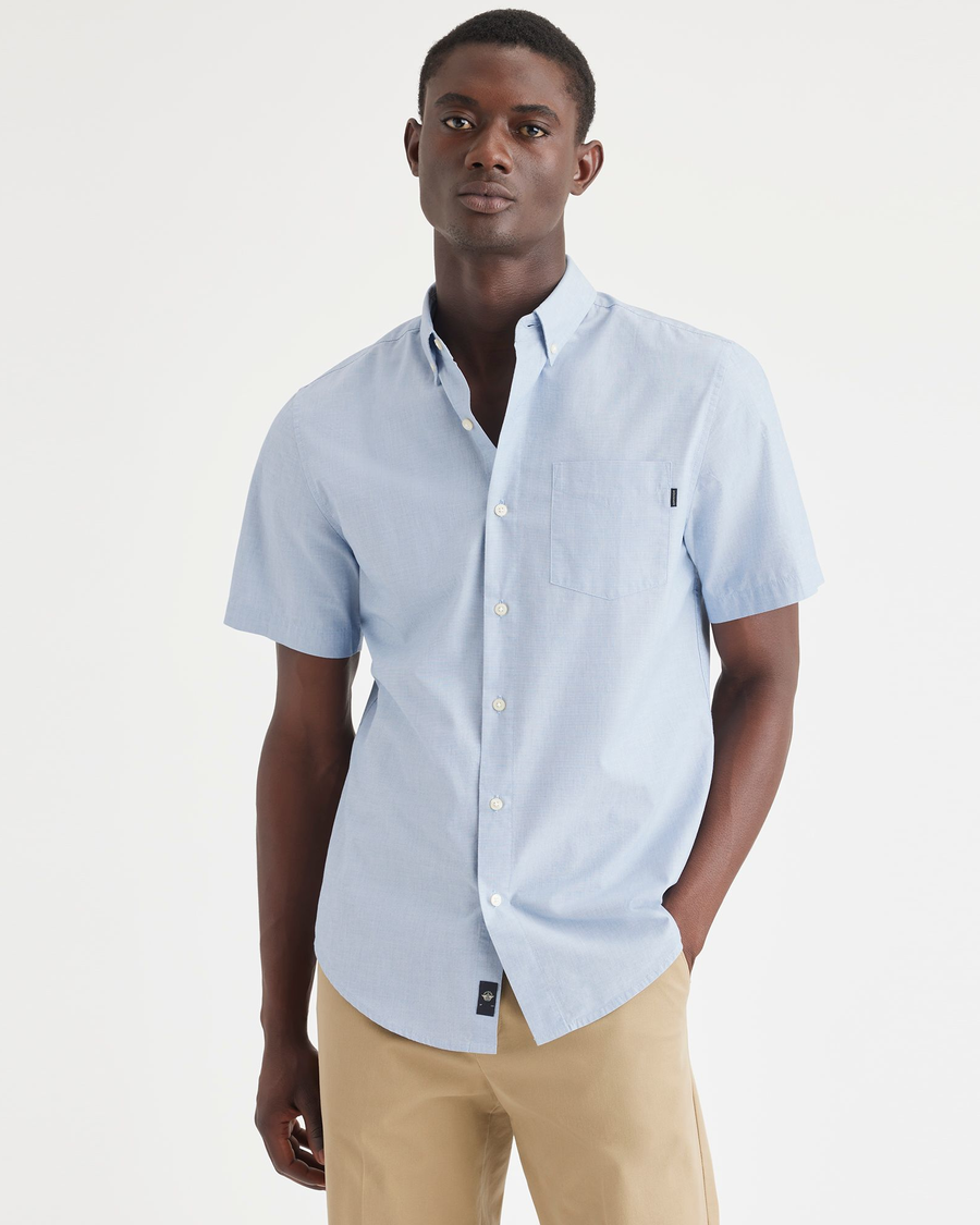 Front view of model wearing End On End Delft Essential Button-Up Shirt ...