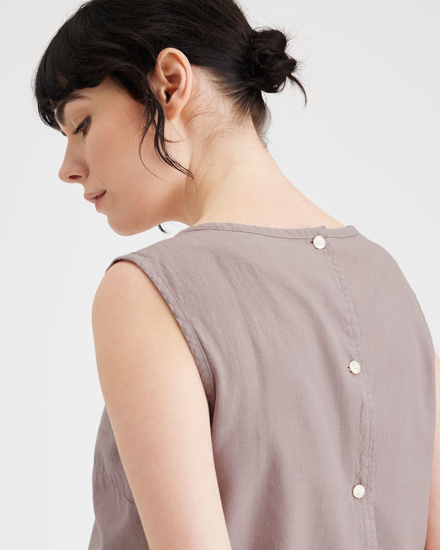 View of model wearing Fawn Button Back Tank, Slim Fit.