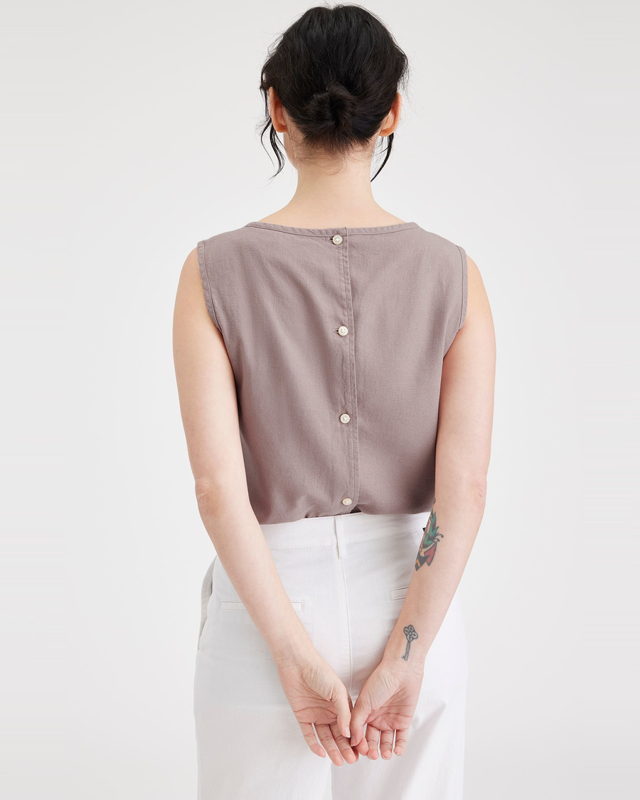 Back view of model wearing Fawn Button Back Tank, Slim Fit.