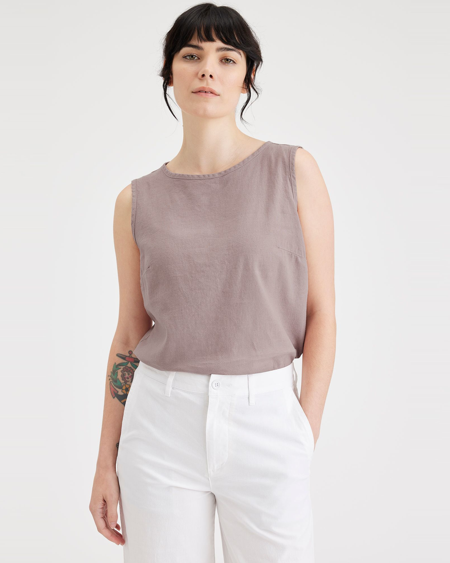 Front view of model wearing Fawn Button Back Tank, Slim Fit.
