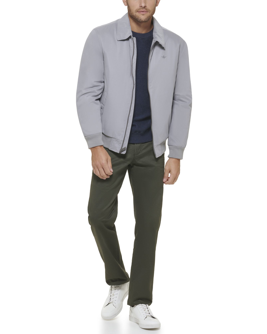 Front view of model wearing Foil Microtwill Relaxed Laydown Collar Bomber.