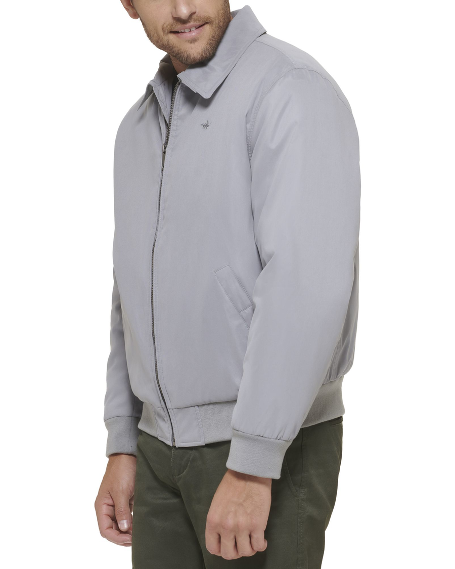 Side view of model wearing Foil Microtwill Relaxed Laydown Collar Bomber.