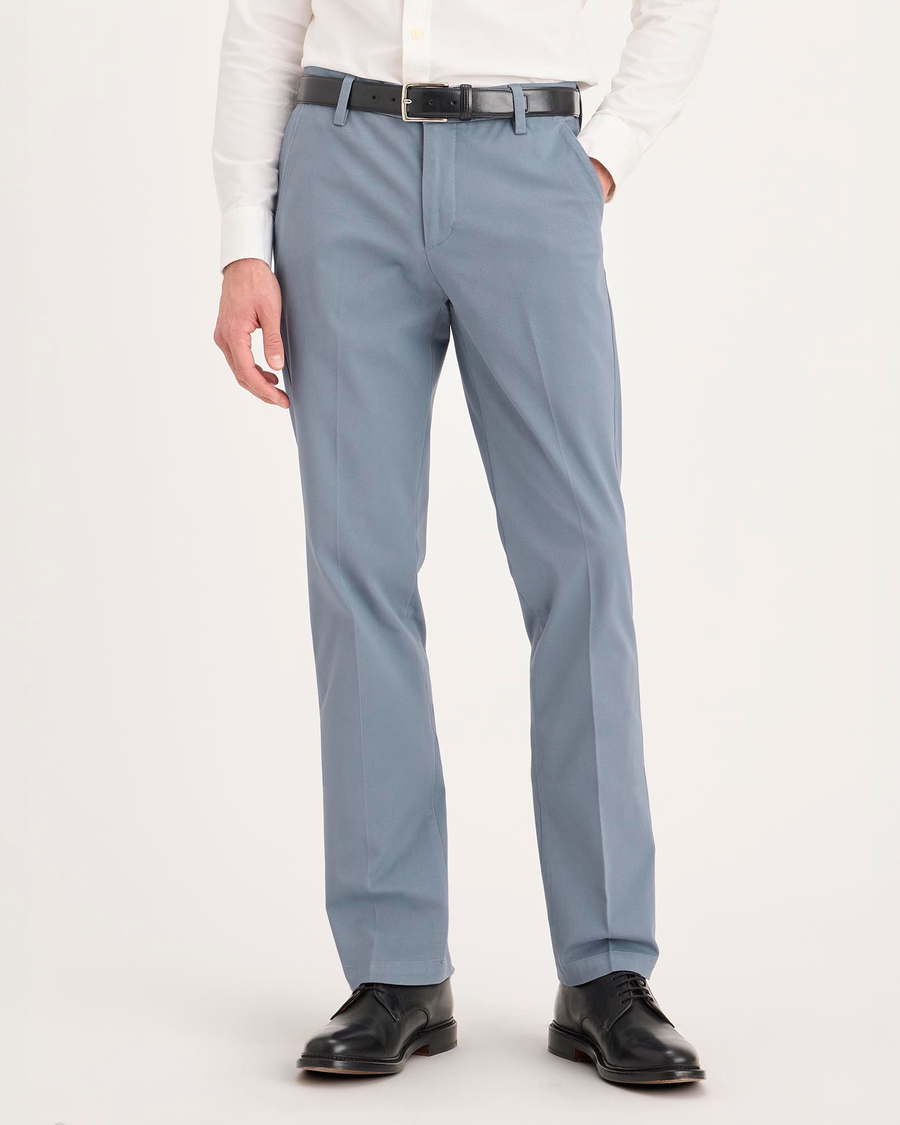 Front view of model wearing Folkstone Grey Workday Khakis, Slim Fit.