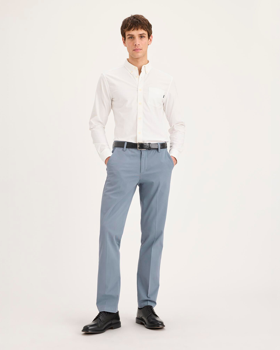 Front view of model wearing Folkstone Grey Workday Khakis, Slim Fit.