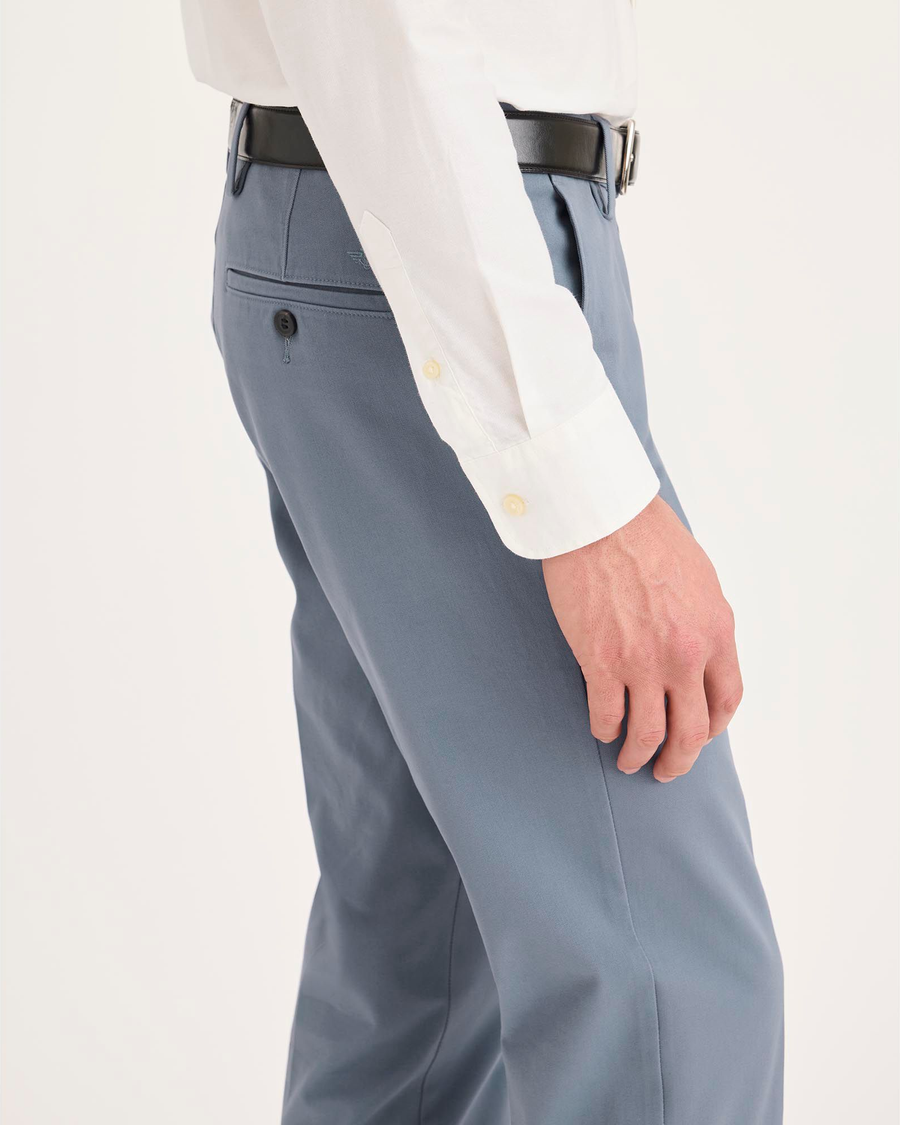 Side view of model wearing Folkstone Grey Workday Khakis, Slim Fit.
