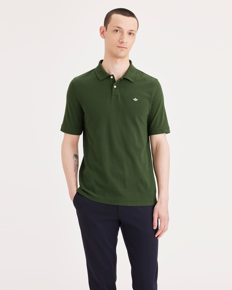 Front view of model wearing Forest Elf Rib Collar Polo, Slim Fit.