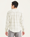 Back view of model wearing Forest Fog Band Collar Shirt, Regular Fit.