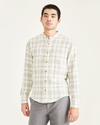 Front view of model wearing Forest Fog Band Collar Shirt, Regular Fit.