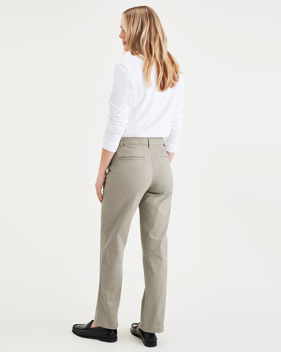 Back view of model wearing Forest Fog Original Chinos, High Waisted, Straight Fit.