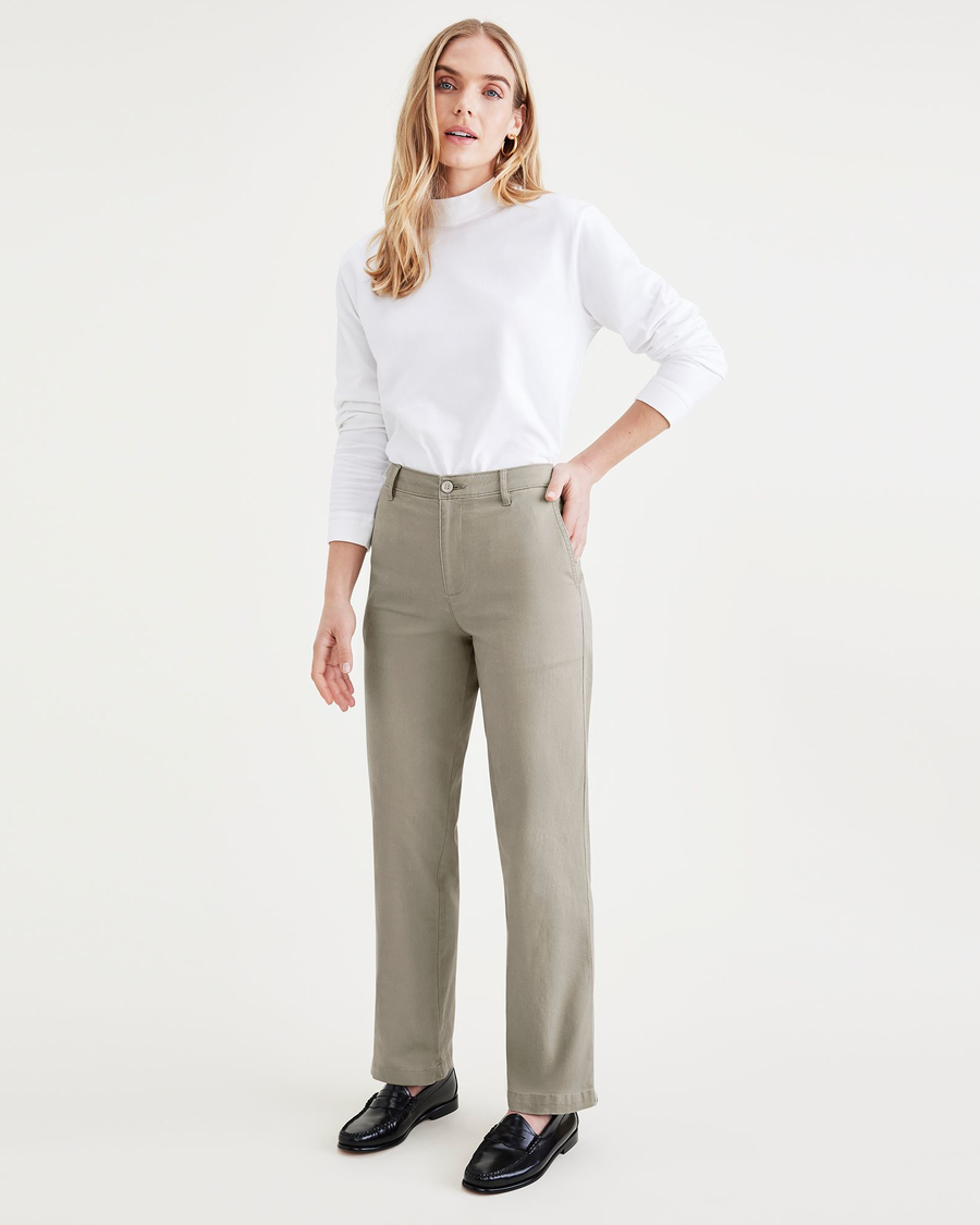 Front view of model wearing Forest Fog Original Chinos, High Waisted, Straight Fit.