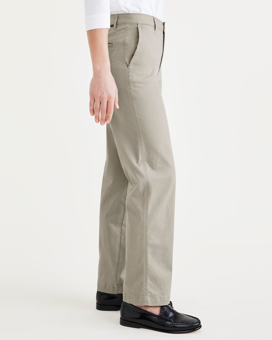 Side view of model wearing Forest Fog Original Chinos, High Waisted, Straight Fit.