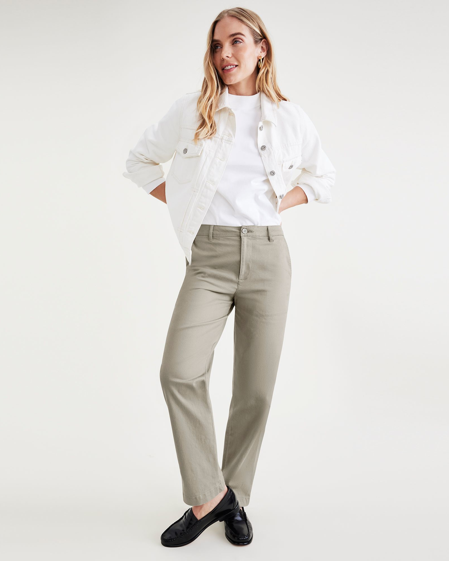 View of model wearing Forest Fog Original Khaki, High Waisted, Straight ...