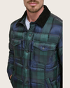 View of model wearing Forest Green Plaid Houndstooth Midweight Box Quilted Jacket.