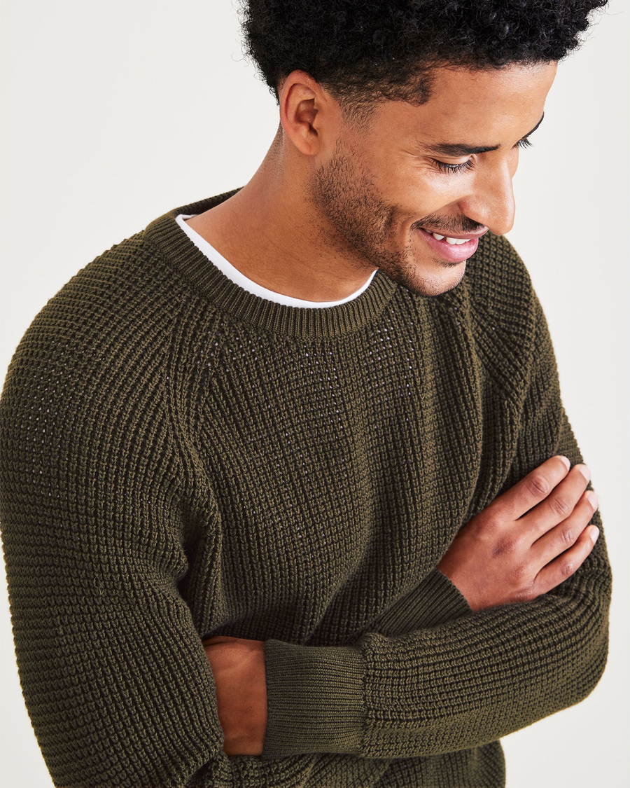 View of model wearing Forest Night Crewneck Sweater, Regular Fit.