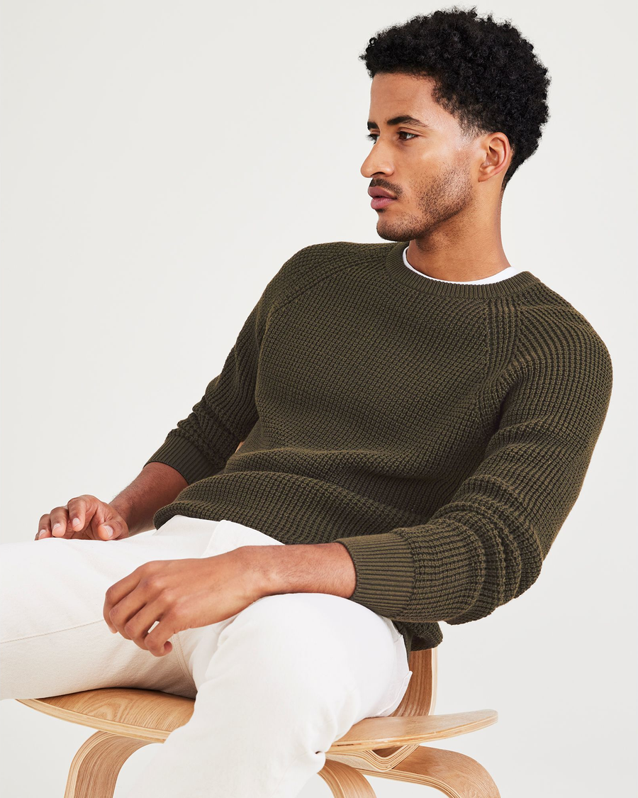 View of model wearing Forest Night Crewneck Sweater, Regular Fit.
